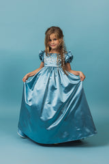 Ocean blue silk, full-skirt princess gown.