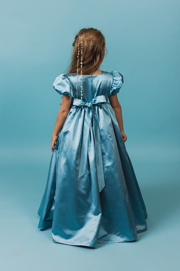 Ocean blue silk, full-skirt princess gown.