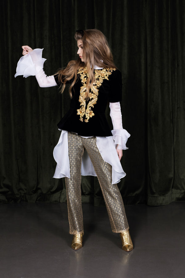 Straight cut golden solstiss lace trousers