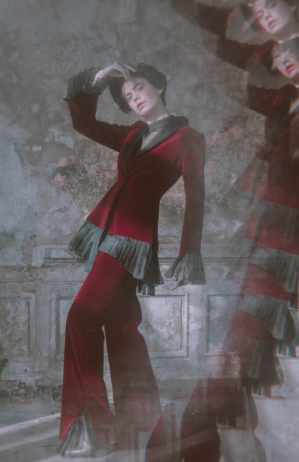 Deep crimson velvet straight-fit trousers with beautiful pleated organza detail at the bottom.