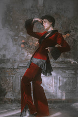 Deep crimson velvet straight-fit trousers with beautiful pleated organza detail at the bottom.