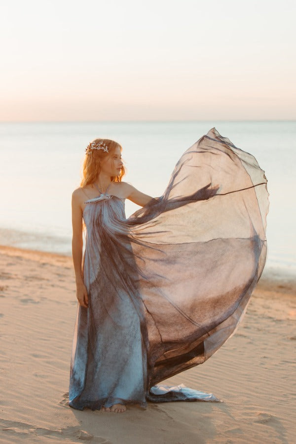 Elegantly soft, sea goddess silk gown adorned with a beautiful hand-embroidered seagull in the front.