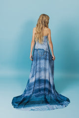 Elegantly soft, sea goddess silk gown adorned with a beautiful hand-embroidered seagull in the front.