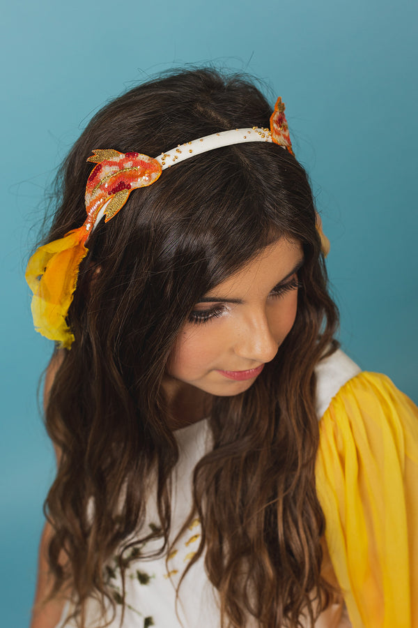 Silk headband with hand-embroidered goldfish made of crystals, beads, and silk details.