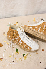 Unique Handcrafted cotton high-top sneakers, with handmade raffia crochet.