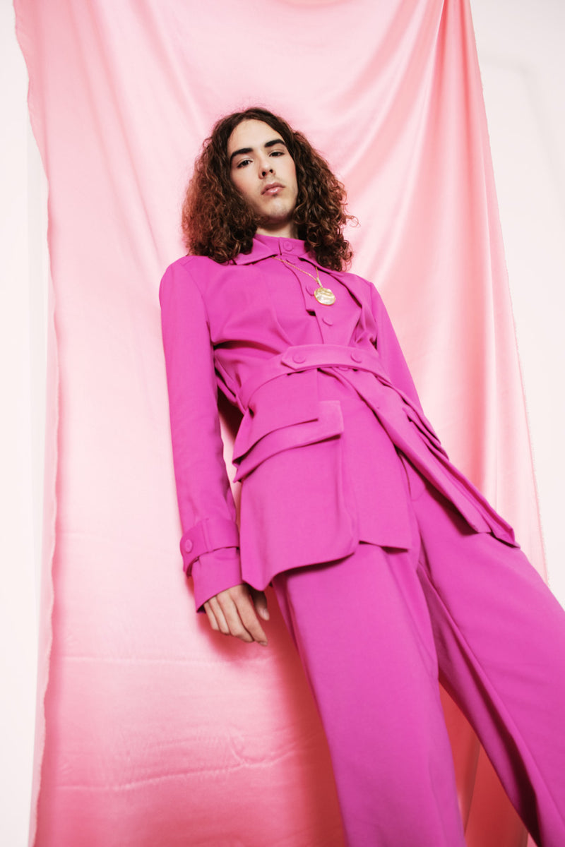 Hot pink statement safari-style jacket with a two-button belt.