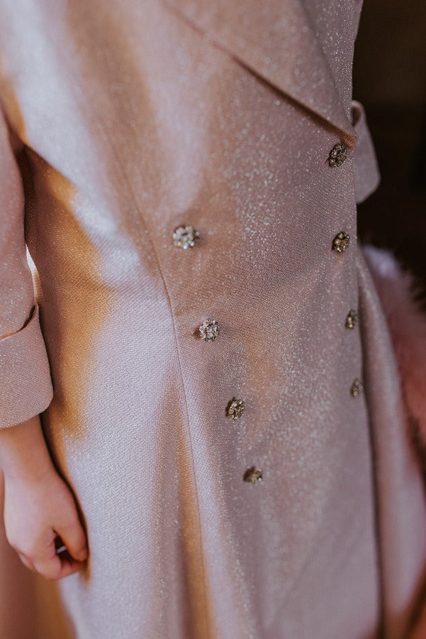 Tuxedo-inspired princess dress in sweet rose tone. 