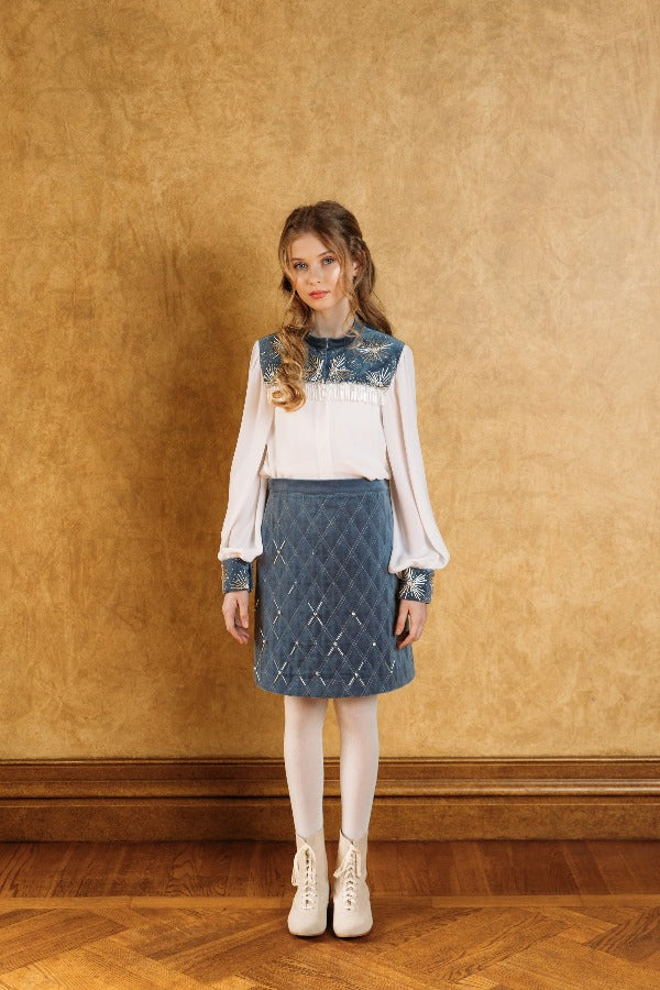 White chiffon blouse with swan blue velvet neckline, hand-embroidered with silver beads and crystals.