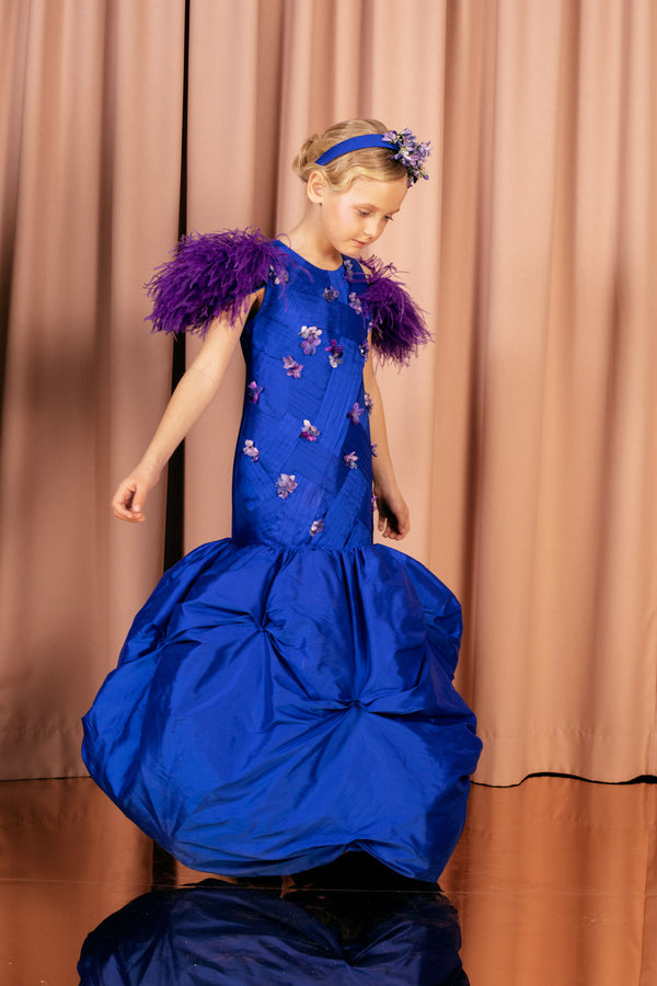 Full length voluminous balloon skirt silk taffeta dress, embroidered with handmade silk purple flowers.
