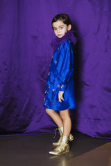 Deep blue mini dress in 100 % silk taffeta with 100 % silk lining for comfort.