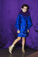 Deep blue mini dress in 100 % silk taffeta with 100 % silk lining for comfort.