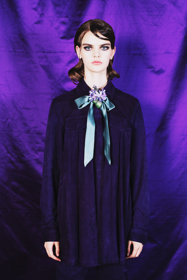 Western style deep purple suede shirt with an elegant romantic silk bow