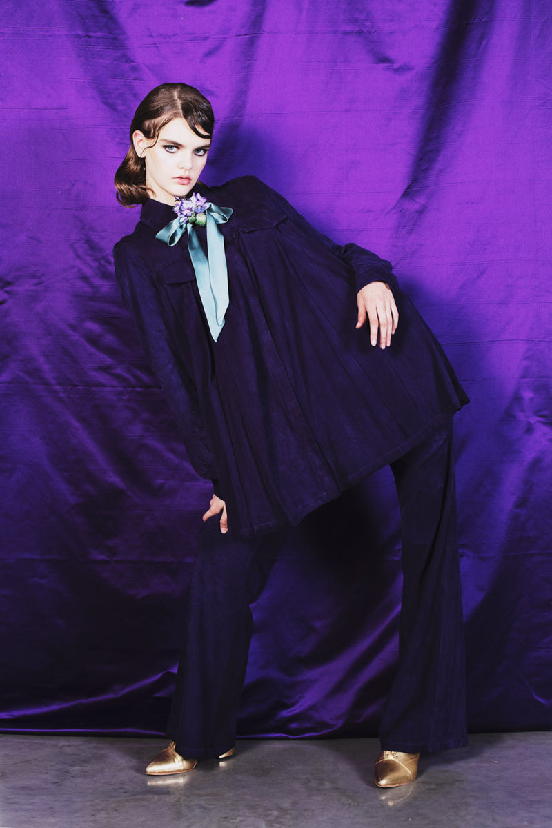 Western style deep purple suede shirt with an elegant romantic silk bow