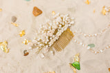 Magnificent handcrafted pair hair comb embellished with freshwater pearls, golden crystals, and silk yarn flowers.