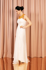 Glorious imperial silk chiffon ball gown with luxurious amber embroidery.