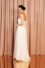 Glorious imperial silk chiffon ball gown with luxurious amber embroidery.