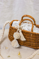 Exquisite wicker handbag with a double handle and linen inner bag that has a cotton lining expresses refined charm.