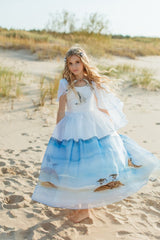 Stunning silk taffeta and organza full-skirt midi dress with a hand-painted sea landscape and hand-embroidered seagulls. 