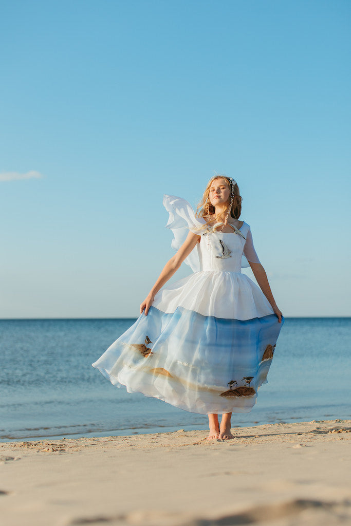 Stunning silk taffeta and organza full-skirt midi dress with a hand-painted sea landscape and hand-embroidered seagulls. 