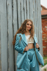 Elegantly tailored, oversize summer sky blue silk duchess suit jacket.