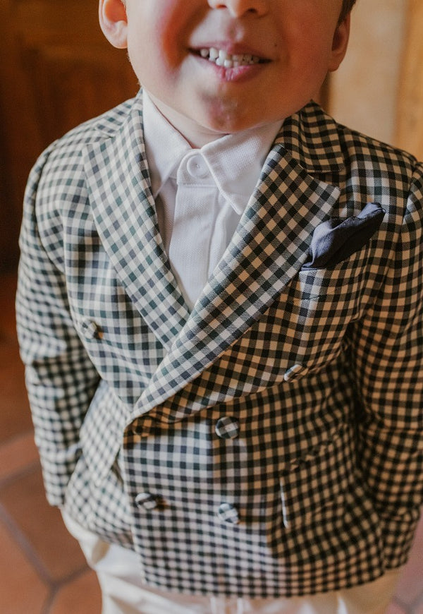 Filigree double-breasted, plaid Sunday garden jacket, with six coated buttons, two pockets, one breast pocket, buttoned cuffs and shoulder upholstery