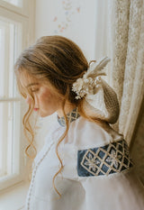 Gorgeous white chiffon blouse with bishop sleeves, dusty blue velvet cuffs hand-embellished with crystal beads and strips.