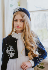 Dark blue velvet bolero jacket with astonishing crystal embellishments, embroidery, and silver flowers on the bodice and cuffs.Dark blue velvet bolero jacket with astonishing crystal embellishments, embroidery, and silver flowers on the bodice and cuffs.