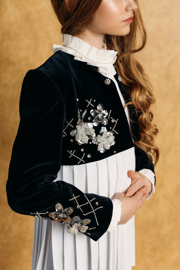 Dark blue velvet bolero jacket with astonishing crystal embellishments, embroidery, and silver flowers on the bodice and cuffs.